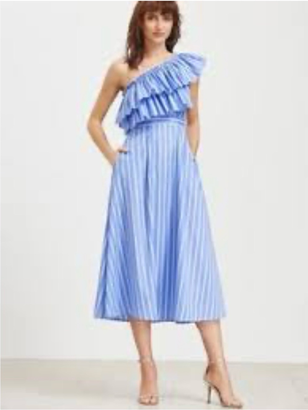 Striped One-Shoulder Ruffle Midi Dress in Light Blue Cotton Large